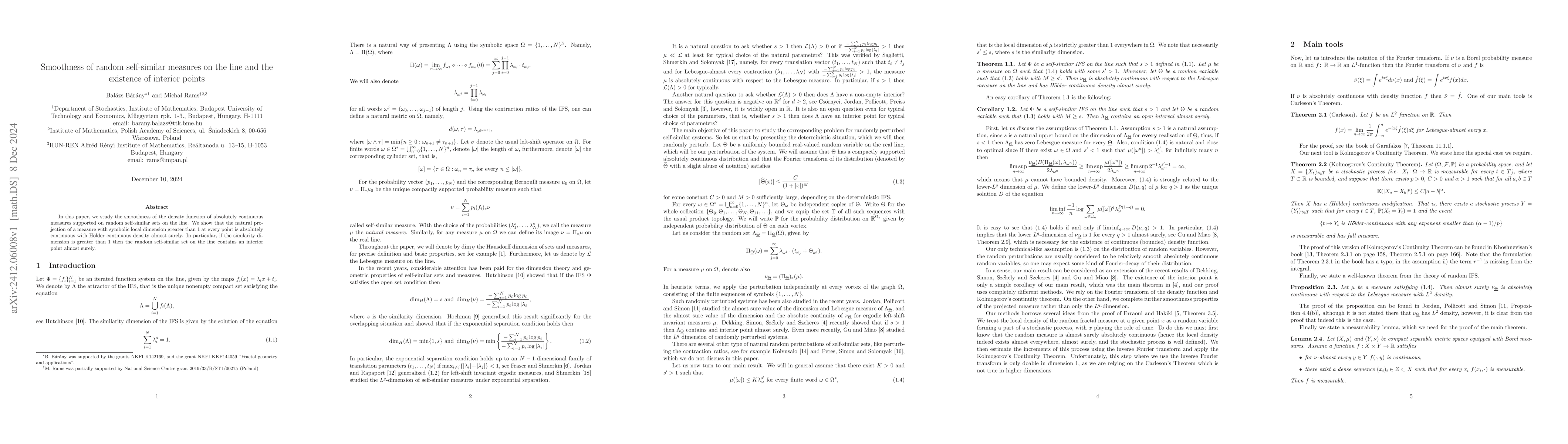 Thumbnail for Smoothness of random self-similar measures on the line and the existence
  of interior points