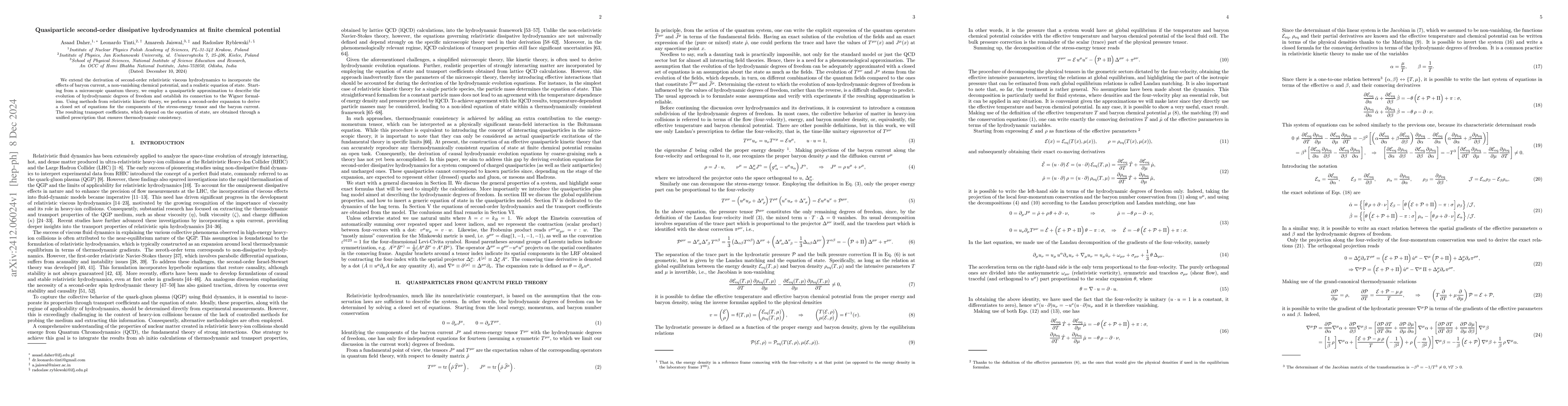 Thumbnail for Quasiparticle second-order dissipative hydrodynamics at finite chemical
  potential