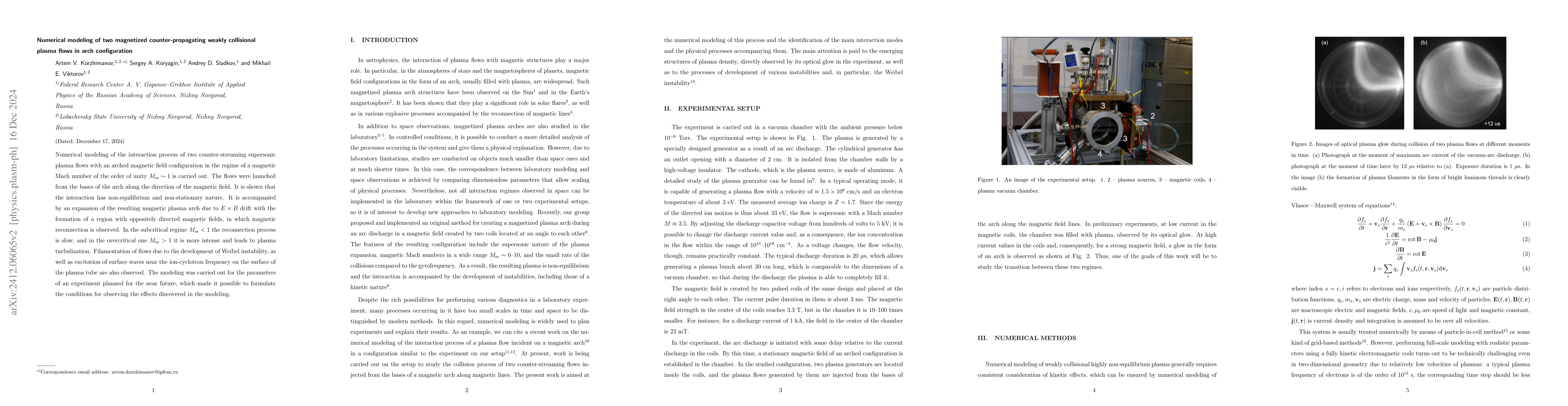 Thumbnail for Numerical modeling of two magnetized counter-propagating weakly
  collisional plasma flows in arch configuration