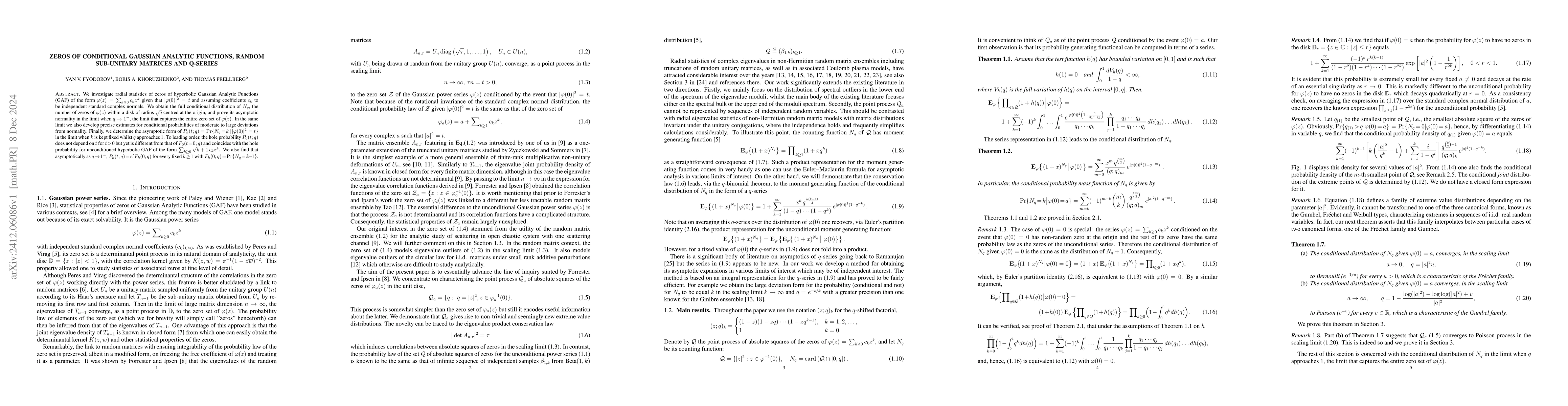 Thumbnail for Zeros of conditional Gaussian analytic functions, random sub-unitary
  matrices and q-series