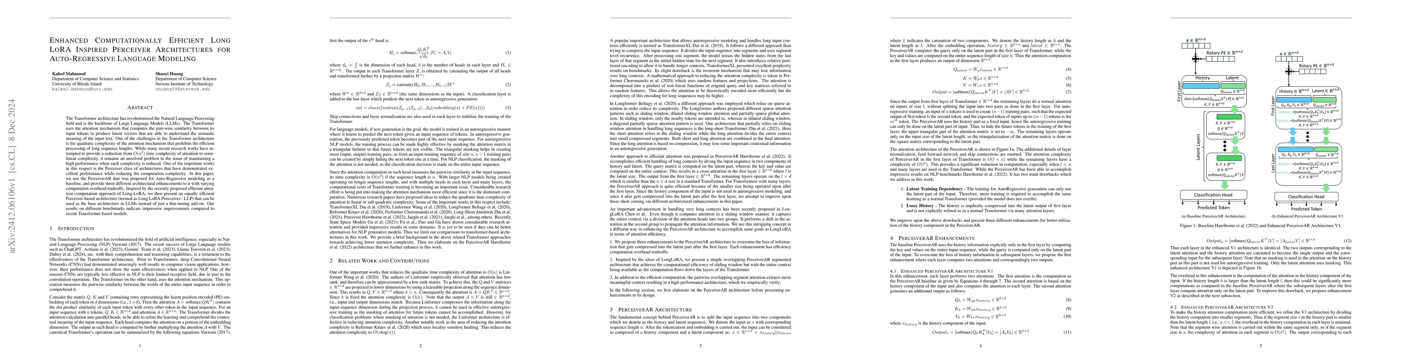 Thumbnail for Enhanced Computationally Efficient Long LoRA Inspired Perceiver
  Architectures for Auto-Regressive Language Modeling