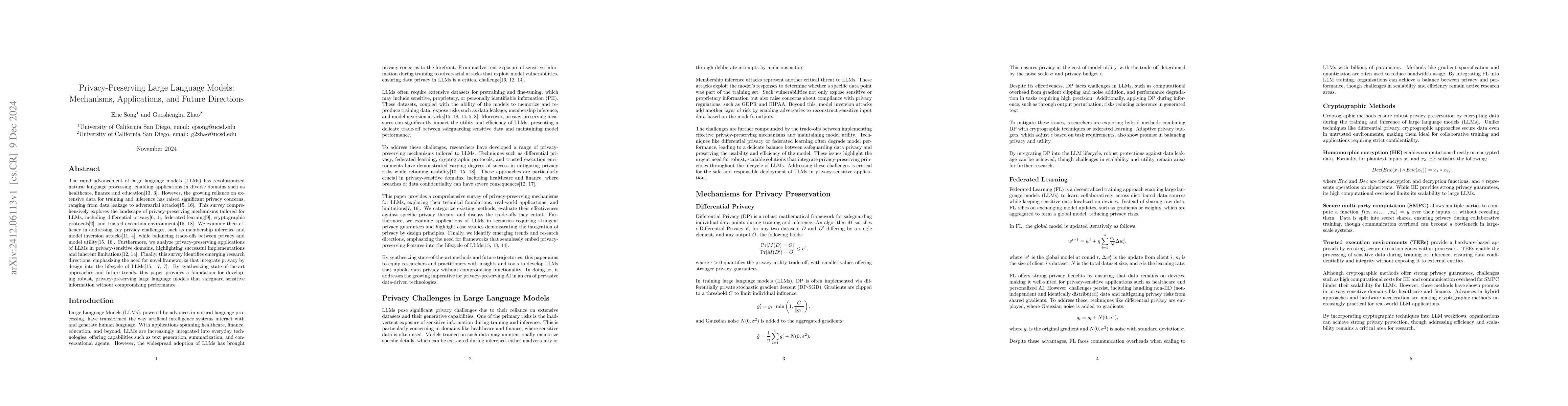 Thumbnail for Privacy-Preserving Large Language Models: Mechanisms, Applications, and
  Future Directions