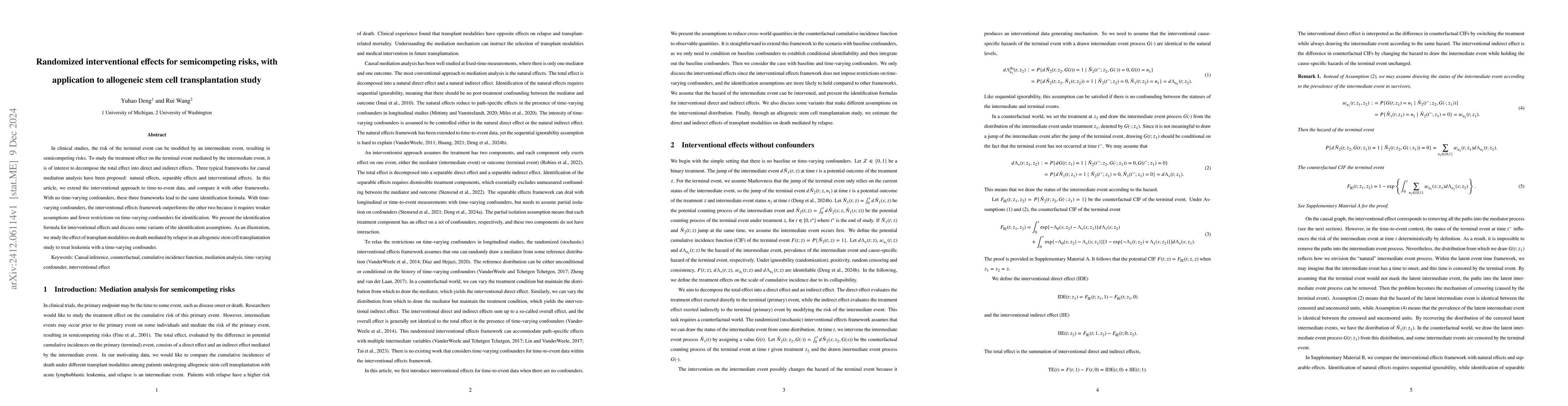 Thumbnail for Randomized interventional effects for semicompeting risks, with
  application to allogeneic stem cell transplantation study
