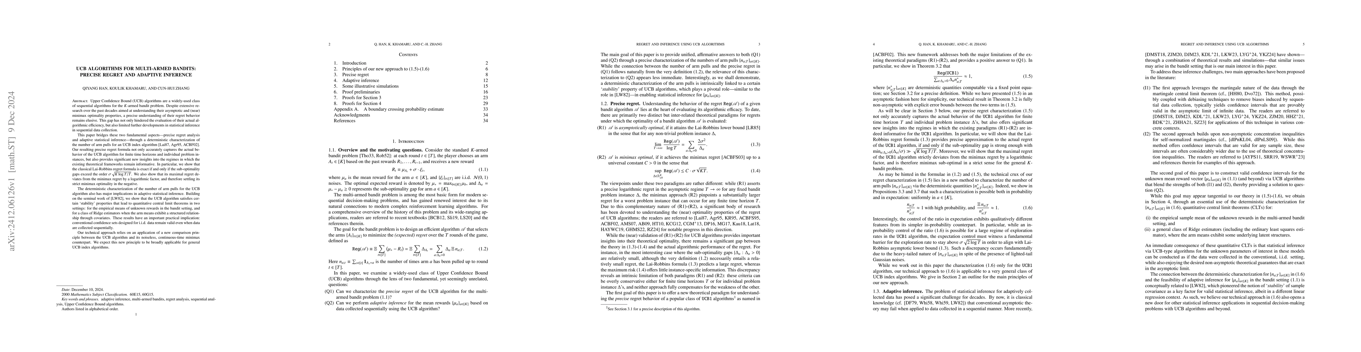 Thumbnail for UCB algorithms for multi-armed bandits: Precise regret and adaptive
  inference