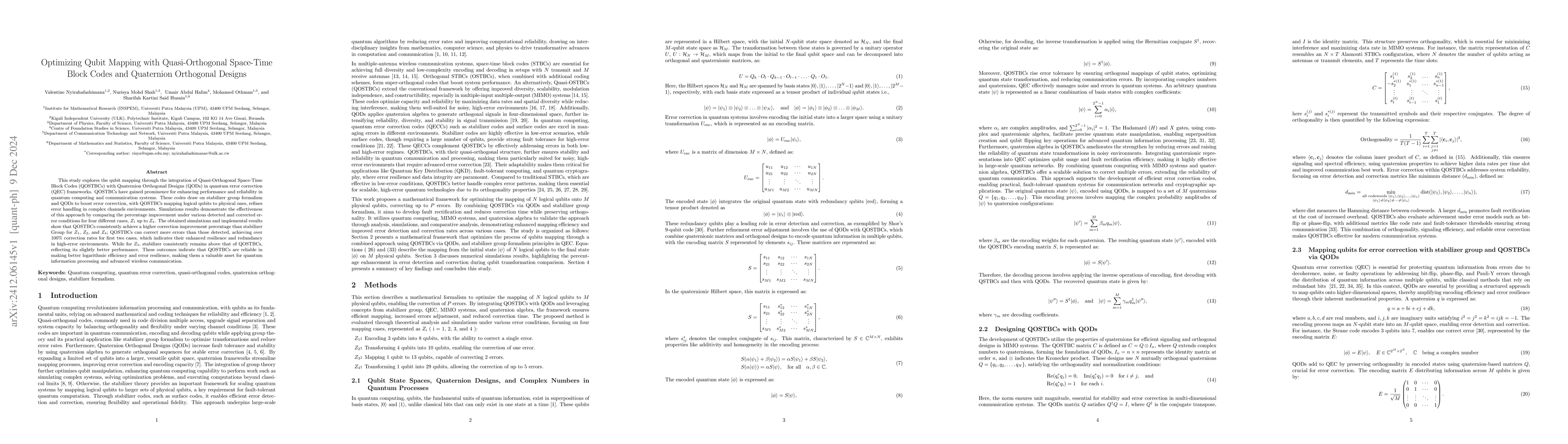 Thumbnail for Optimizing Qubit Mapping with Quasi-Orthogonal Space-Time Block Codes
  and Quaternion Orthogonal Designs