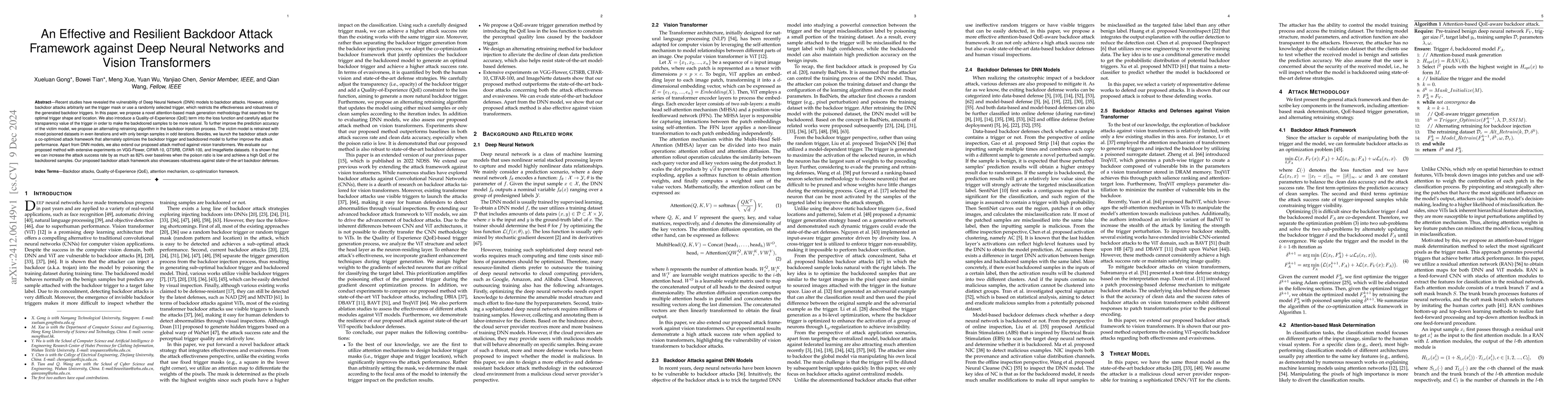 Thumbnail for An Effective and Resilient Backdoor Attack Framework against Deep Neural
  Networks and Vision Transformers