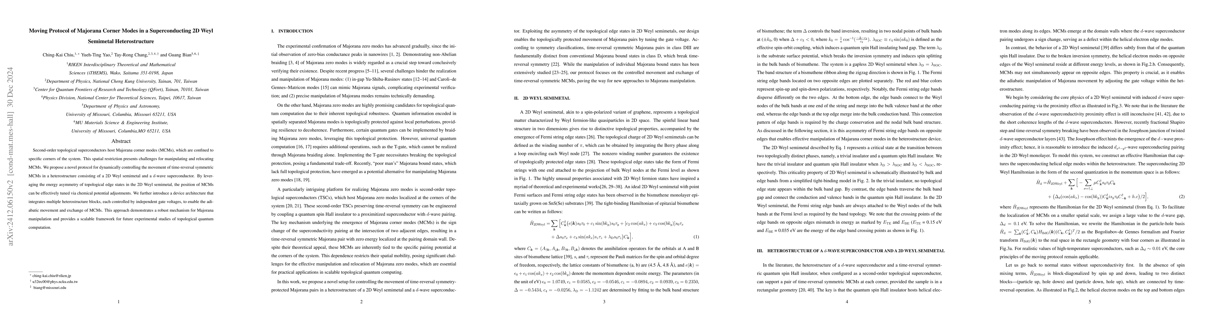 Thumbnail for Moving Protocol of Majorana Corner Modes in a Superconducting 2D Weyl
  Semimetal Heterostructure