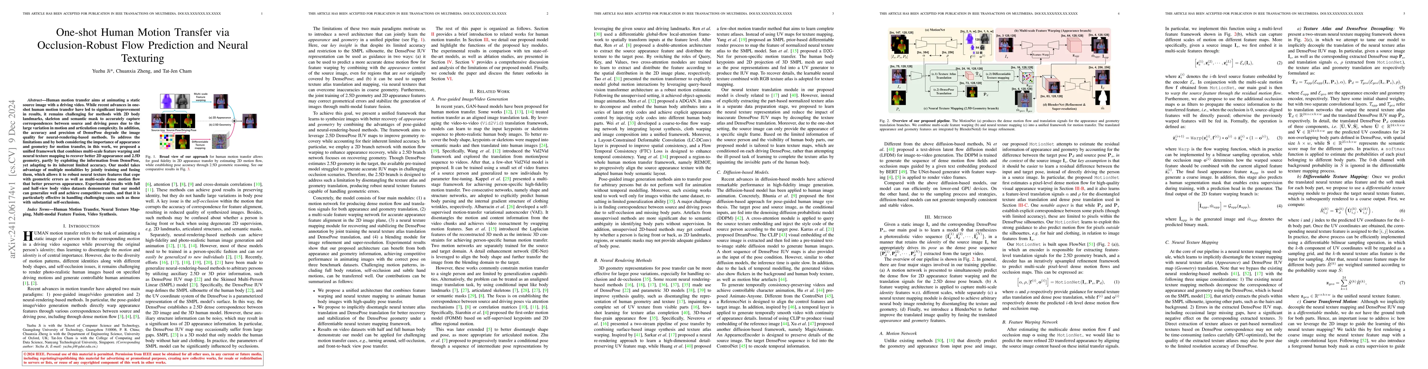 Thumbnail for One-shot Human Motion Transfer via Occlusion-Robust Flow Prediction and
  Neural Texturing