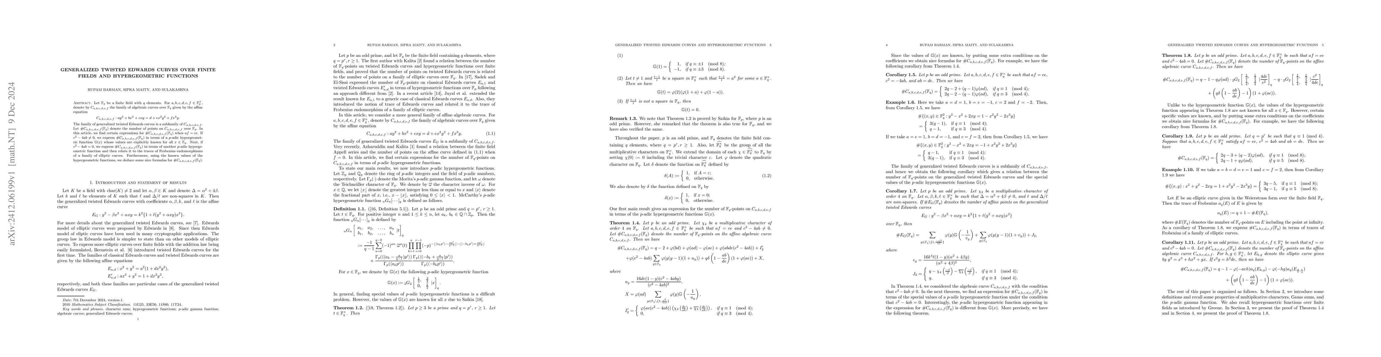 Thumbnail for Generalized twisted Edwards curves over finite fields and hypergeometric
  functions