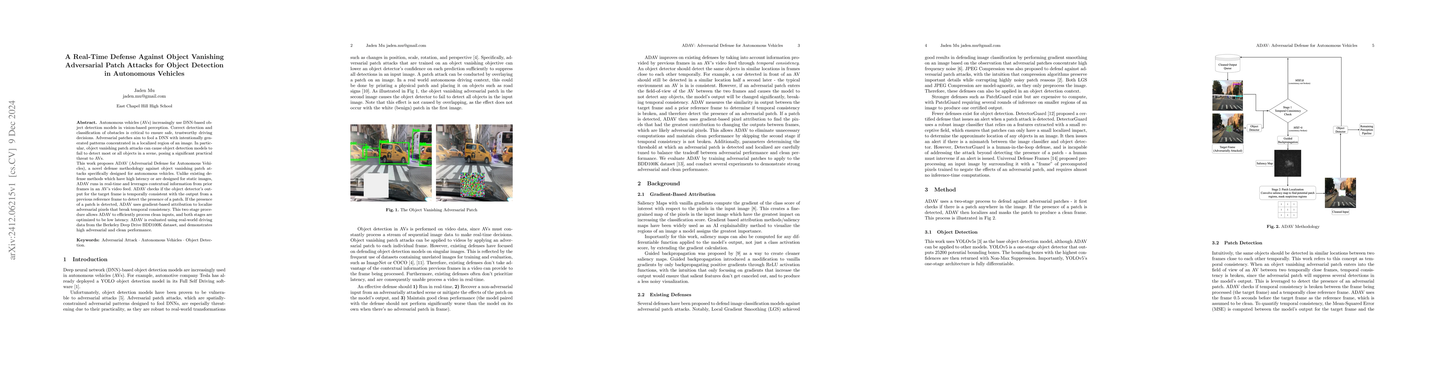 Thumbnail for A Real-Time Defense Against Object Vanishing Adversarial Patch Attacks
  for Object Detection in Autonomous Vehicles