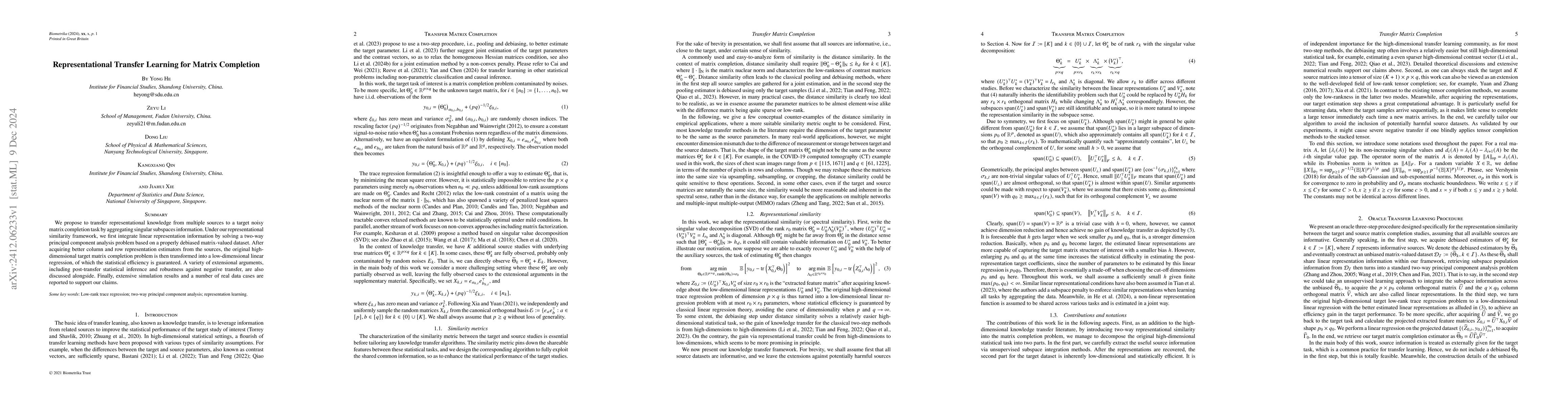 Thumbnail for Representational Transfer Learning for Matrix Completion