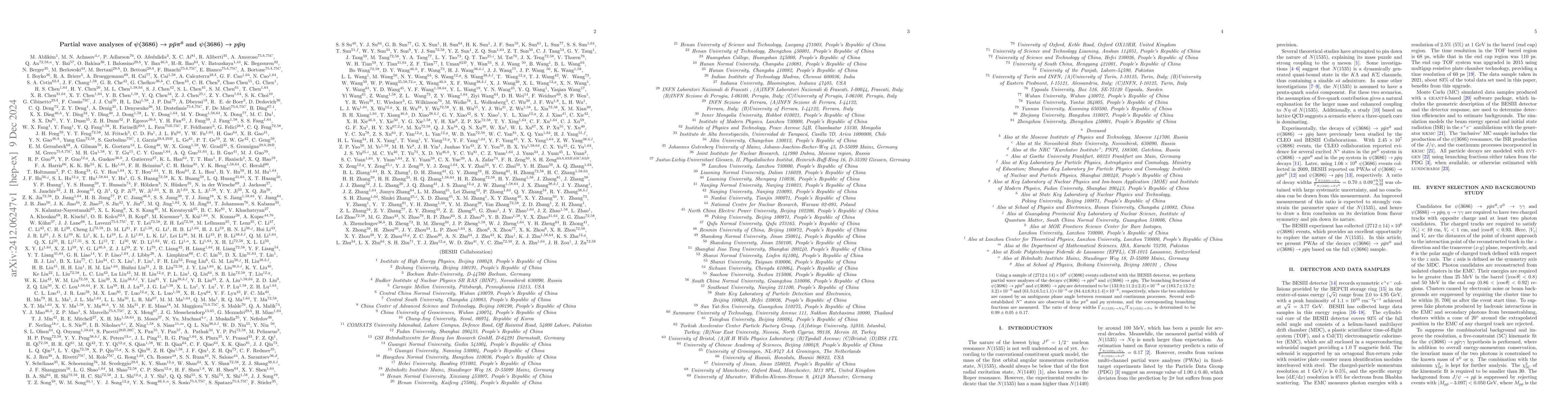 Thumbnail for Partial wave analyses of $ψ(3686)\to p\bar{p}π^0$ and
  $ψ(3686)\to p\bar{p}η$