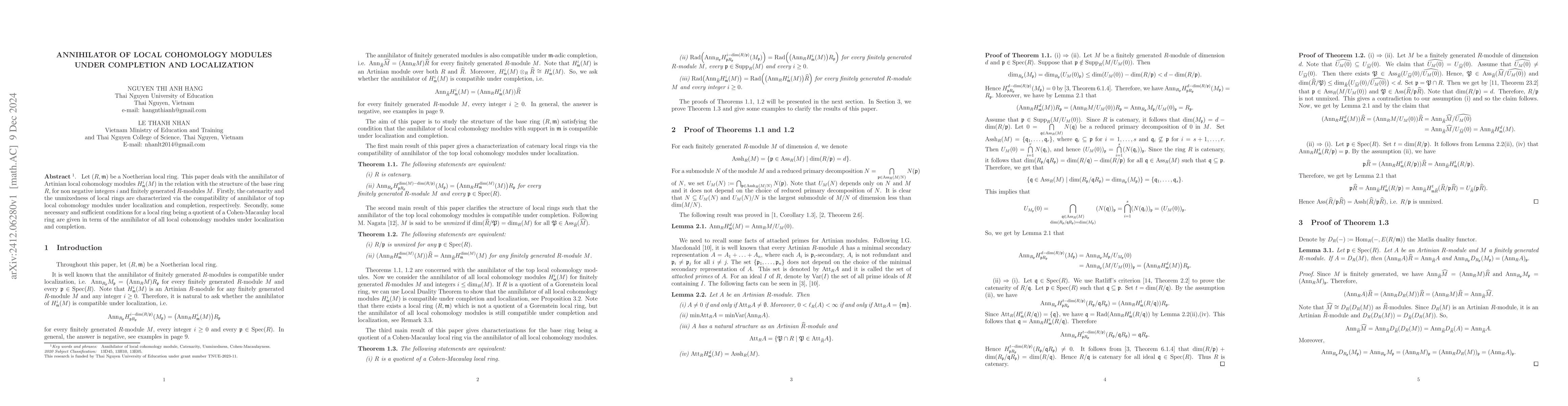 Thumbnail for Annihilator of local cohomology modules under localization and
  completion