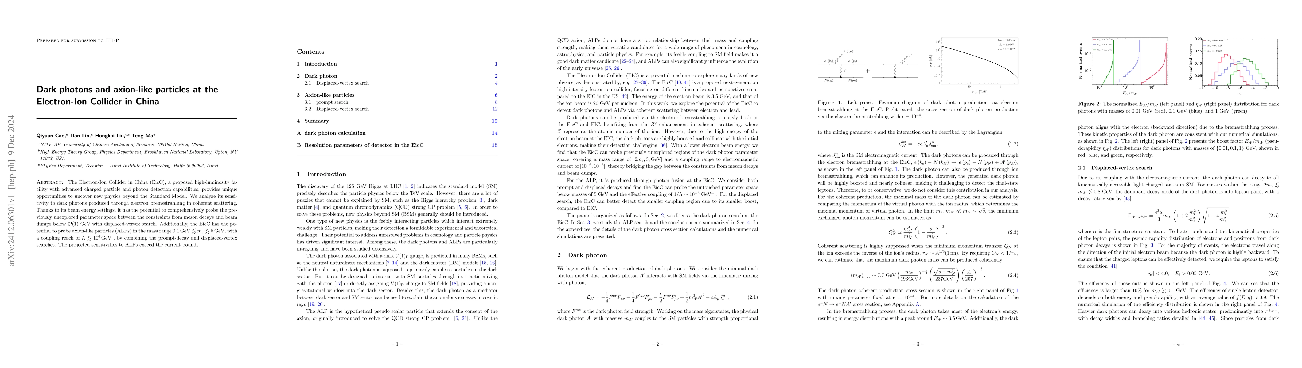 Thumbnail for Dark photons and axion-like particles at the Electron-Ion Collider in
  China