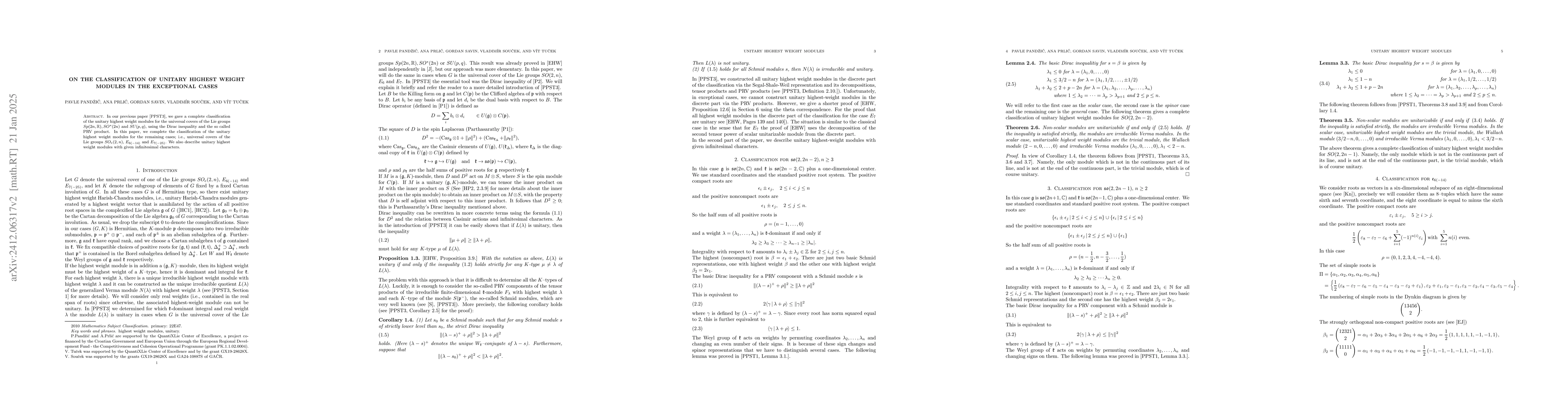 Thumbnail for On the classification of unitary highest weight modules in the
  exceptional cases