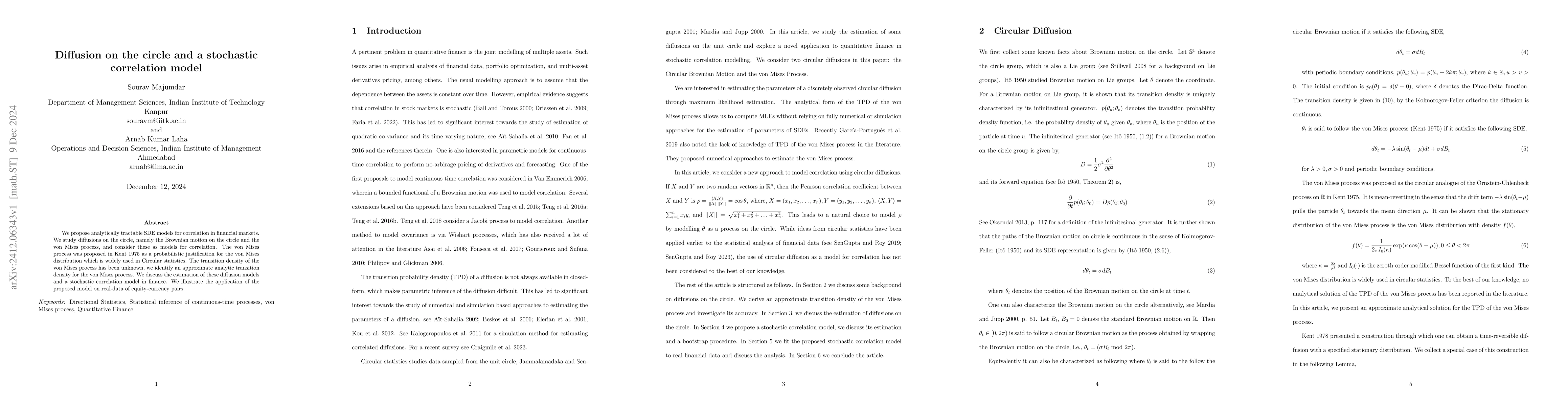 Thumbnail for Diffusion on the circle and a stochastic correlation model