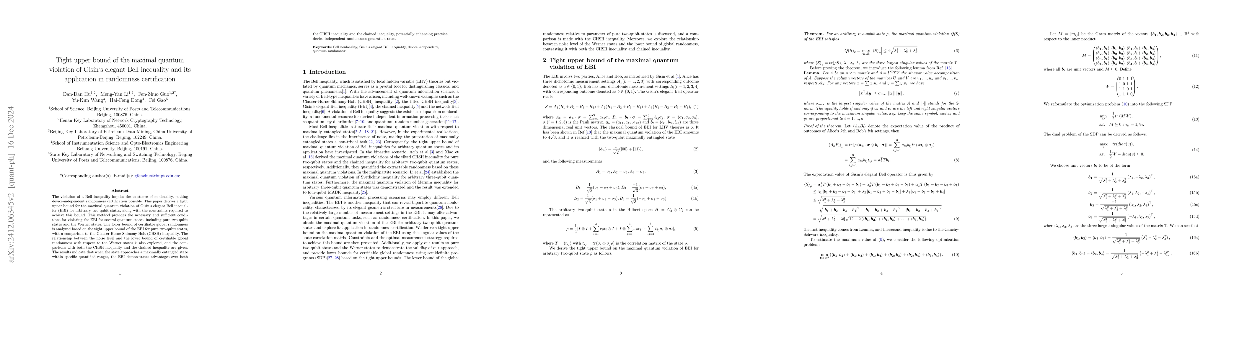 Thumbnail for Tight upper bound of the maximal quantum violation of Gisin's elegant
  Bell inequality and its application in randomness certification