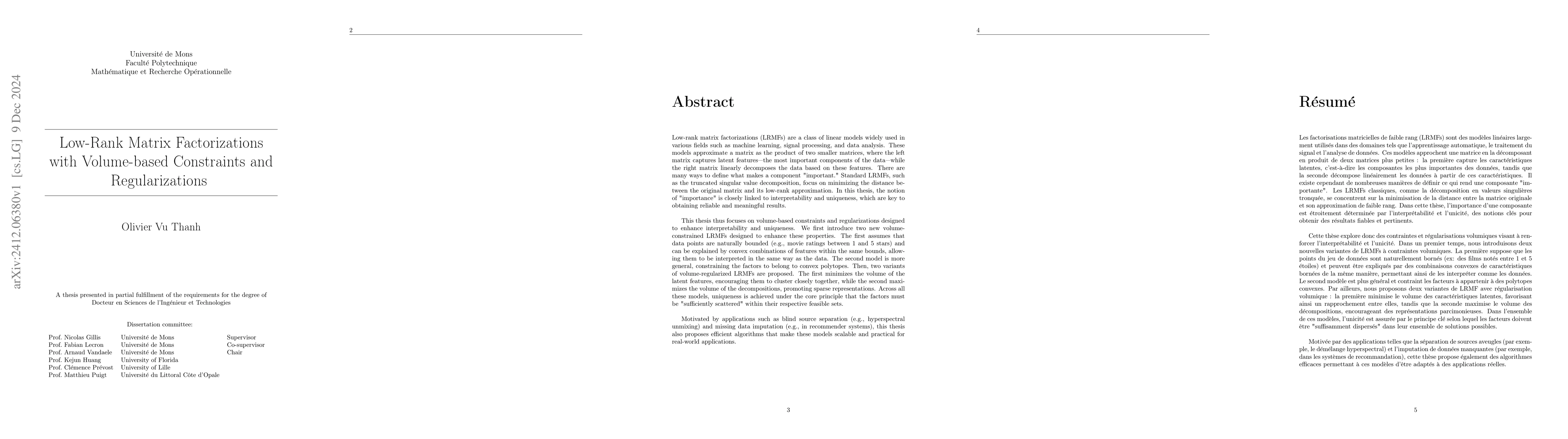 Thumbnail for Low-Rank Matrix Factorizations with Volume-based Constraints and
  Regularizations