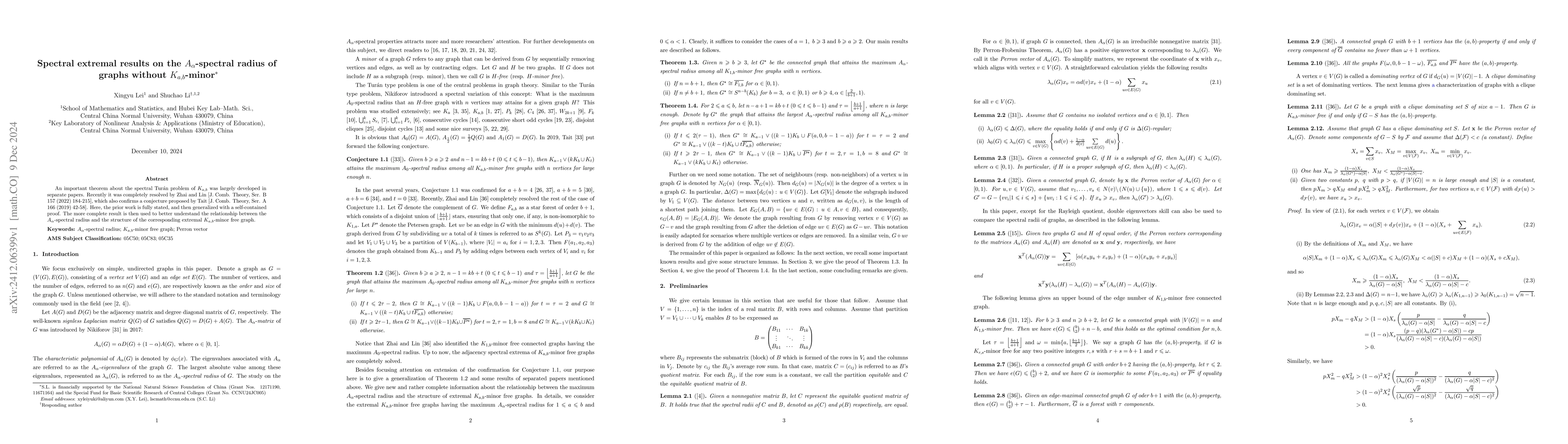 Thumbnail for Spectral extremal results on the $A_α$-spectral radius of graphs
  without $K_{a,b}$-minor
