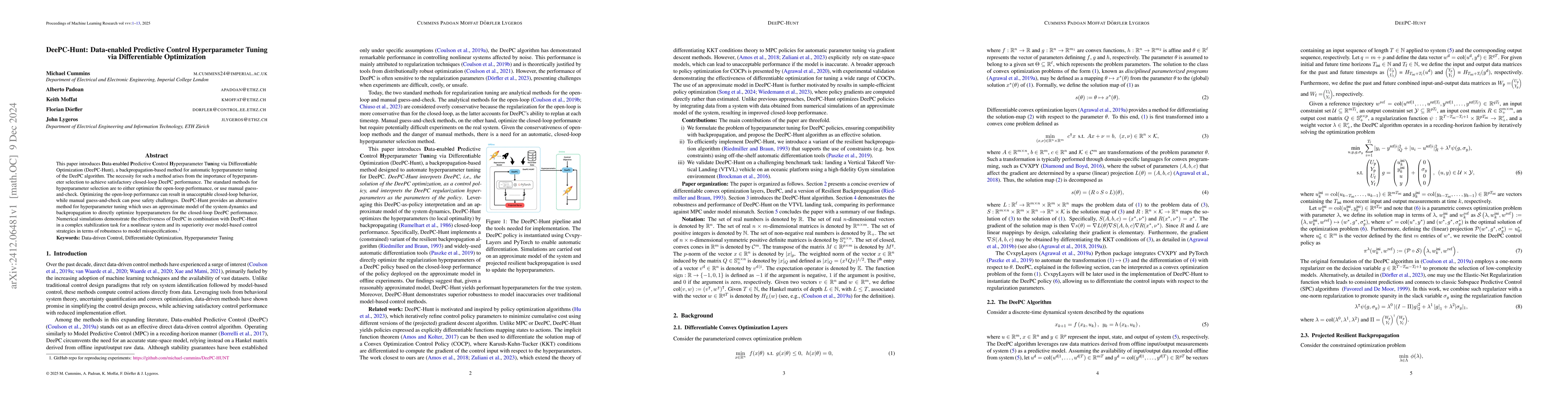 Thumbnail for DeePC-Hunt: Data-enabled Predictive Control Hyperparameter Tuning via
  Differentiable Optimization