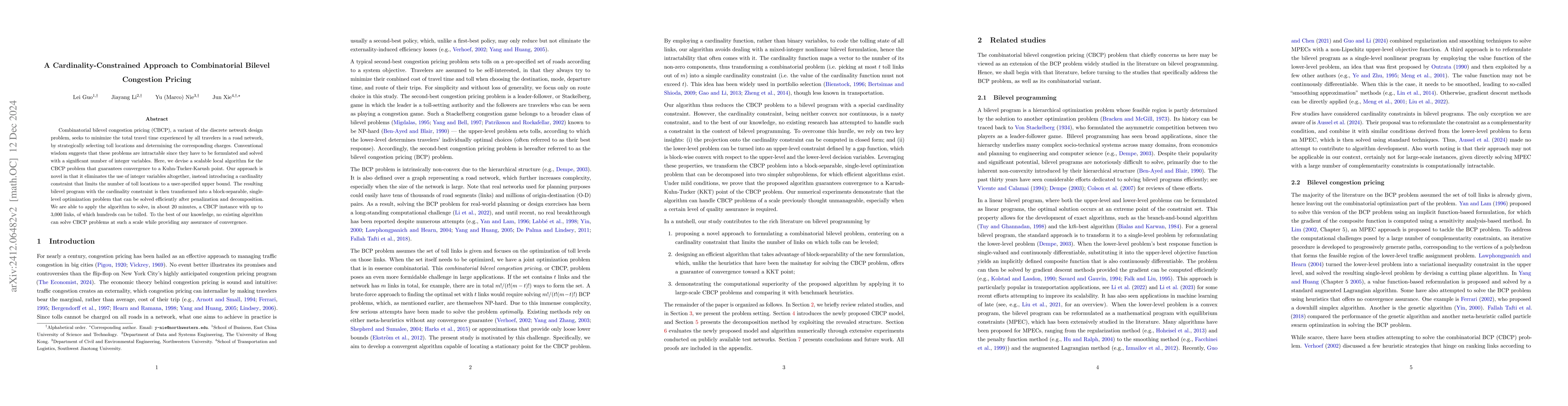 Thumbnail for A Cardinality-Constrained Approach to Combinatorial Bilevel Congestion
  Pricing