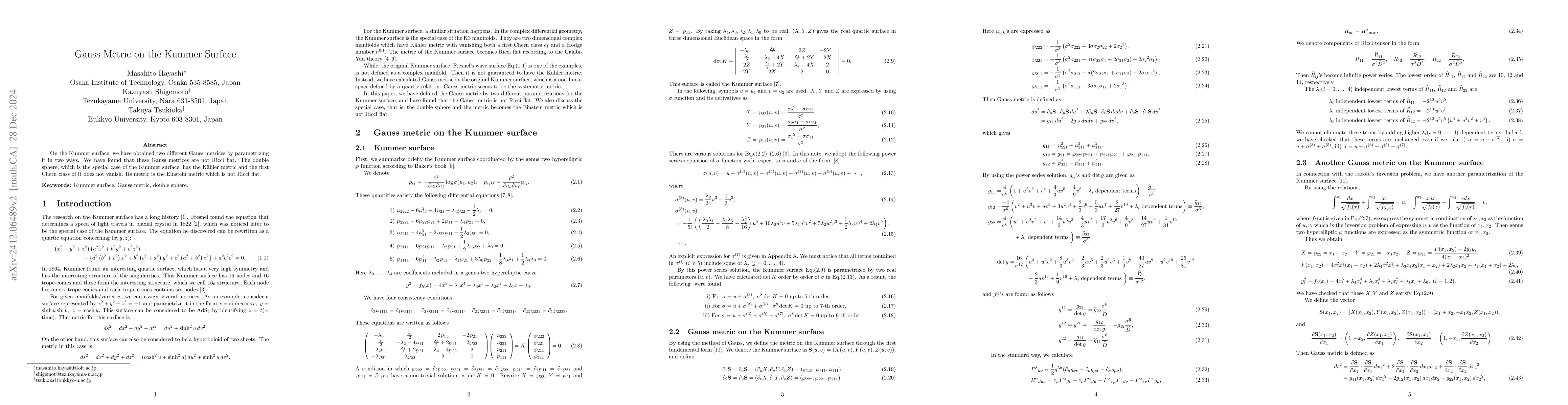 Thumbnail for Gauss Metric on the Kummer Surface