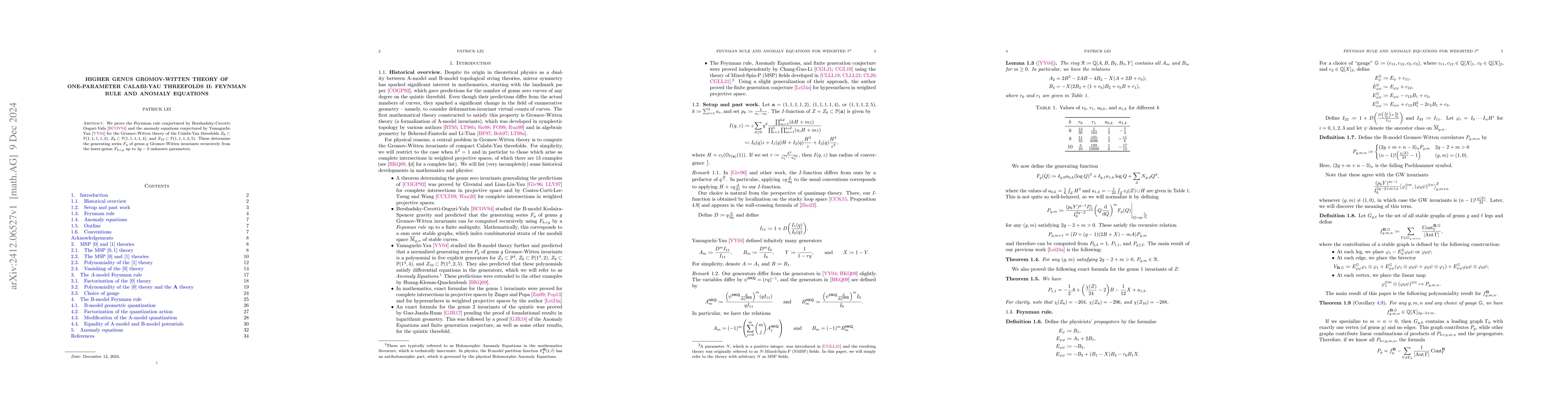 Thumbnail for Higher genus Gromov-Witten theory of one-parameter Calabi-Yau threefolds
  II: Feynman rule and anomaly equations