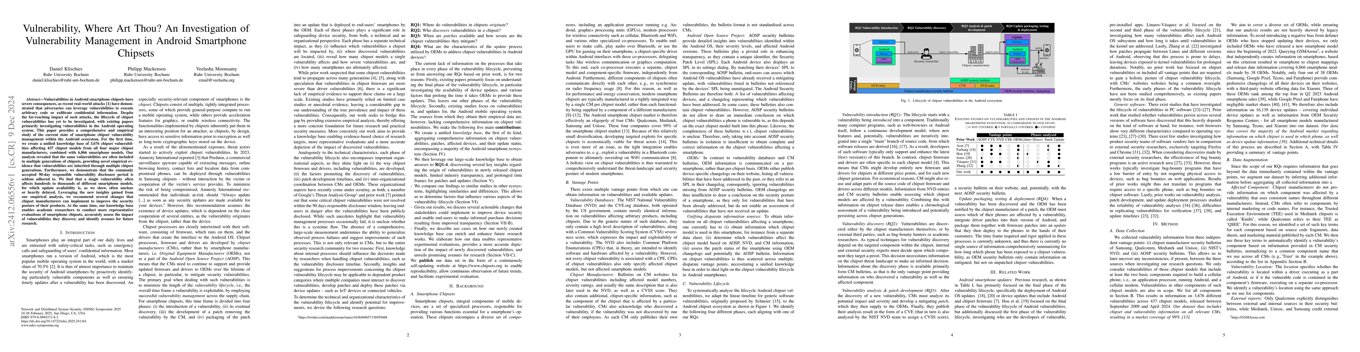 Thumbnail for Vulnerability, Where Art Thou? An Investigation of Vulnerability
  Management in Android Smartphone Chipsets