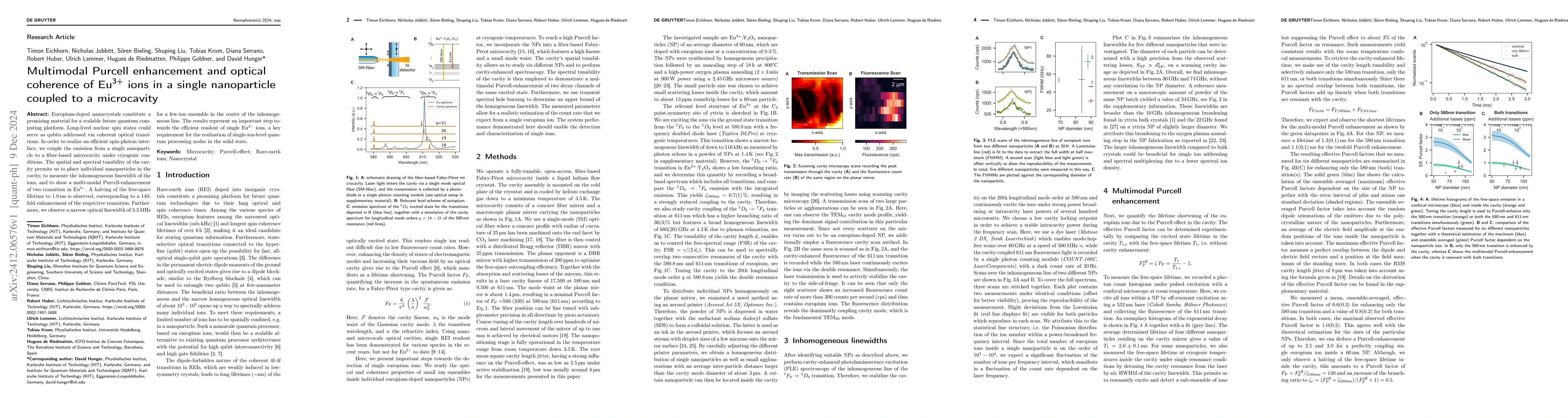 Thumbnail for Multimodal Purcell enhancement and optical coherence of Eu$^{\text{3+}}$
  ions in a single nanoparticle coupled to a microcavity