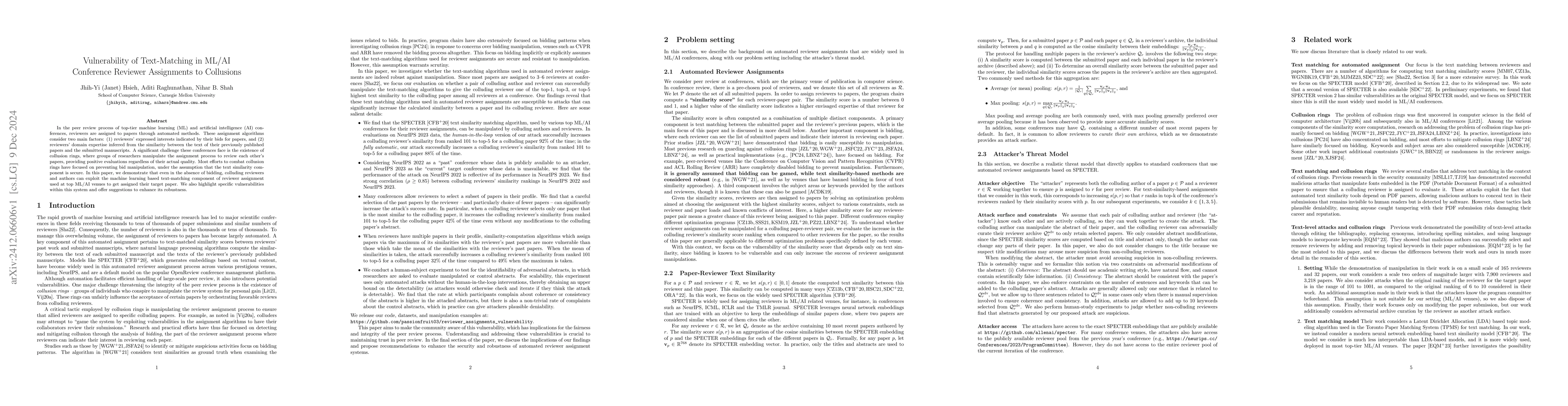 Thumbnail for Vulnerability of Text-Matching in ML/AI Conference Reviewer Assignments
  to Collusions