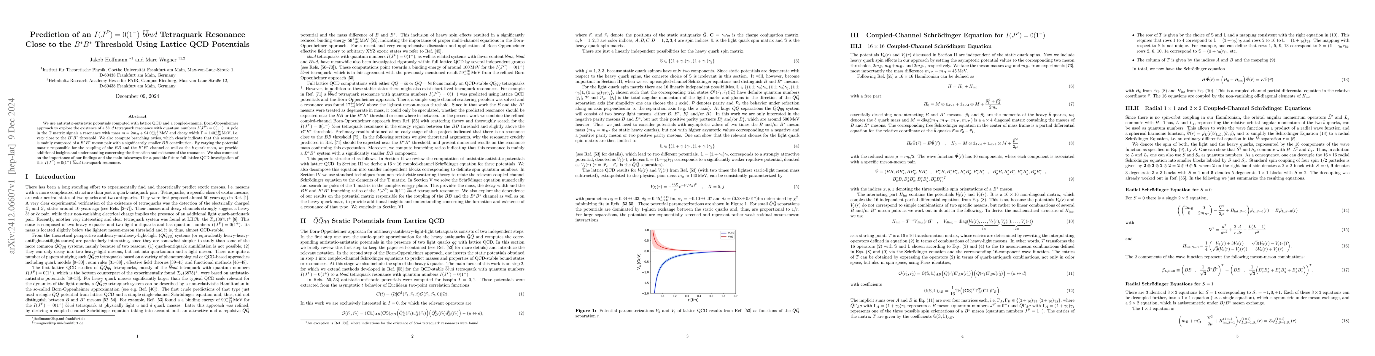 Thumbnail for Prediction of an $I(J^{P})=0(1^{-})$ $\bar{b}\bar{b}ud$ Tetraquark
  Resonance Close to the $B^\ast B^\ast$ Threshold Using Lattice QCD Potentials
