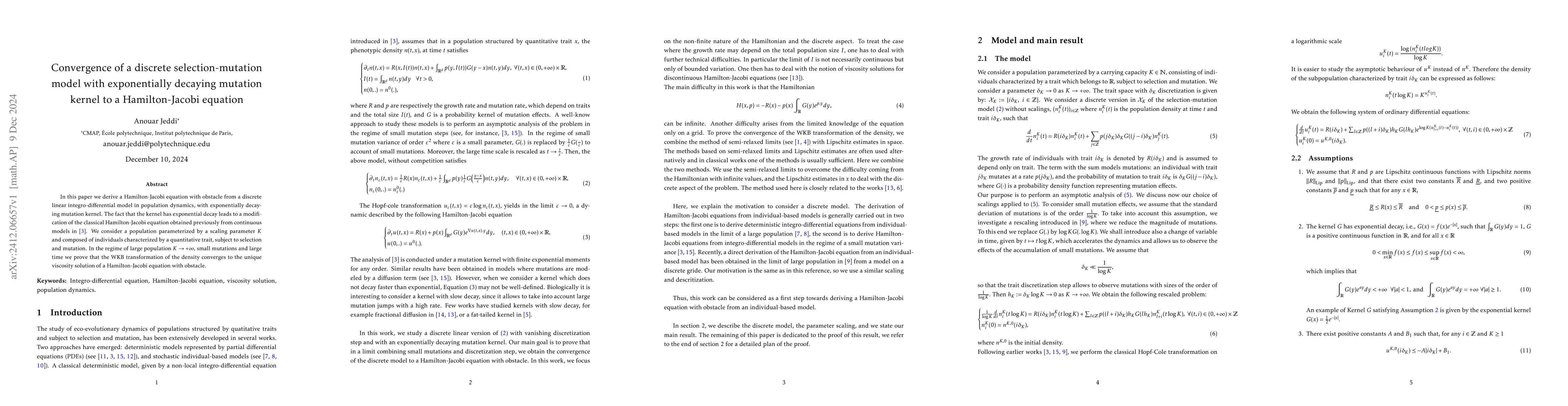 Thumbnail for Convergence of a discrete selection-mutation model with exponentially
  decaying mutation kernel to a Hamilton-Jacobi equation