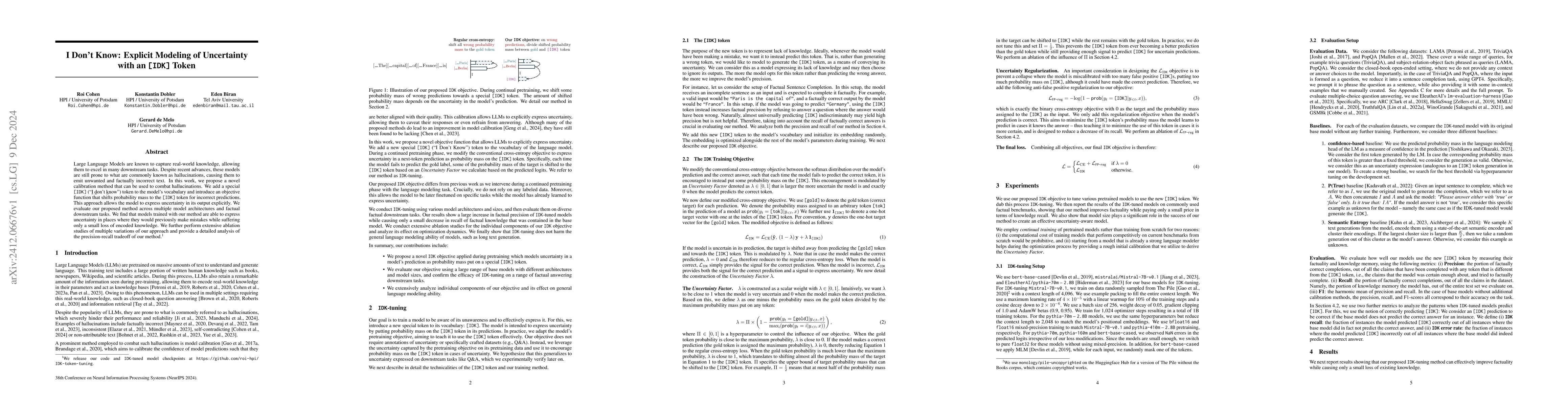 Thumbnail for I Don't Know: Explicit Modeling of Uncertainty with an [IDK] Token