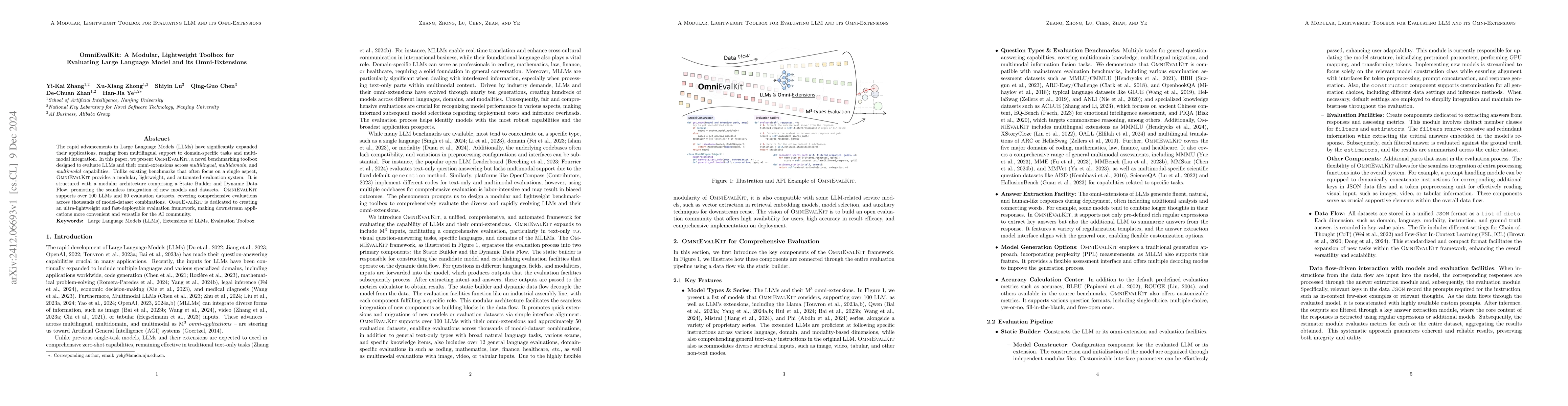 Thumbnail for OmniEvalKit: A Modular, Lightweight Toolbox for Evaluating Large
  Language Model and its Omni-Extensions