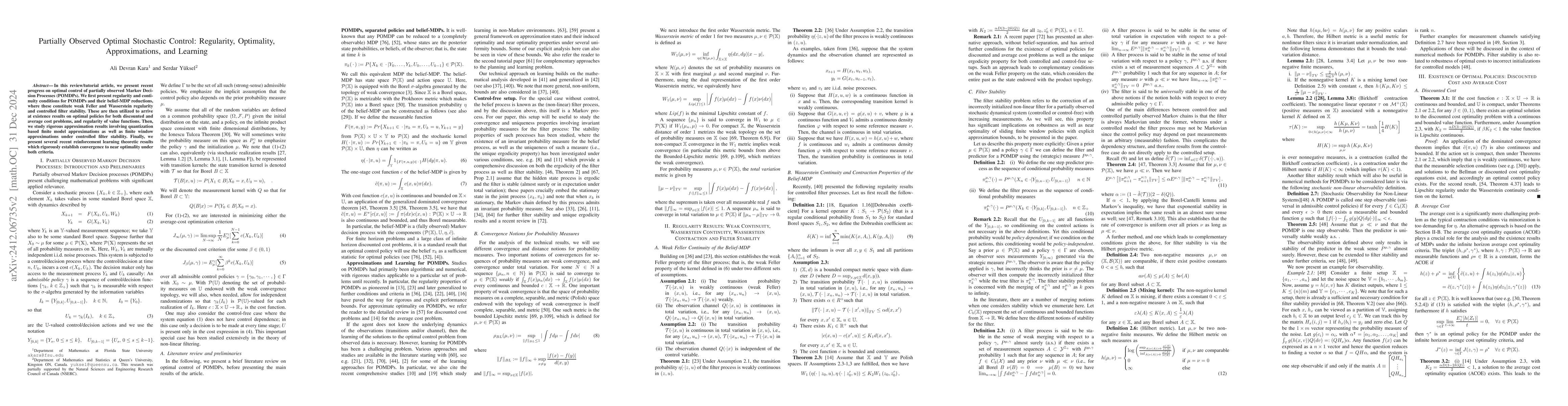 Thumbnail for Partially Observed Optimal Stochastic Control: Regularity, Optimality,
  Approximations, and Learning