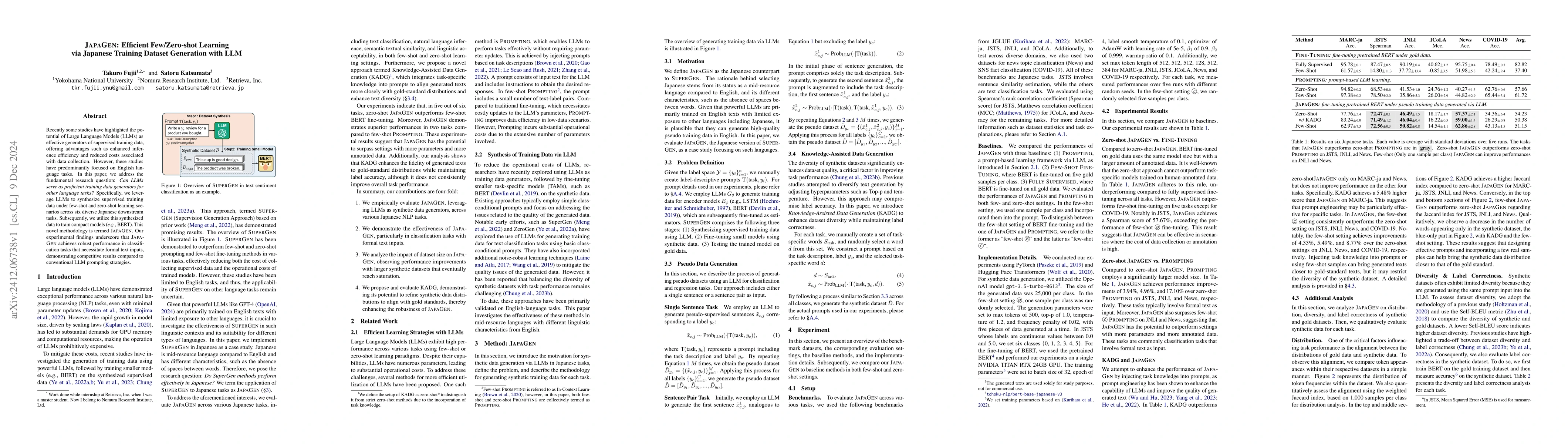 Thumbnail for JAPAGEN: Efficient Few/Zero-shot Learning via Japanese Training Dataset
  Generation with LLM