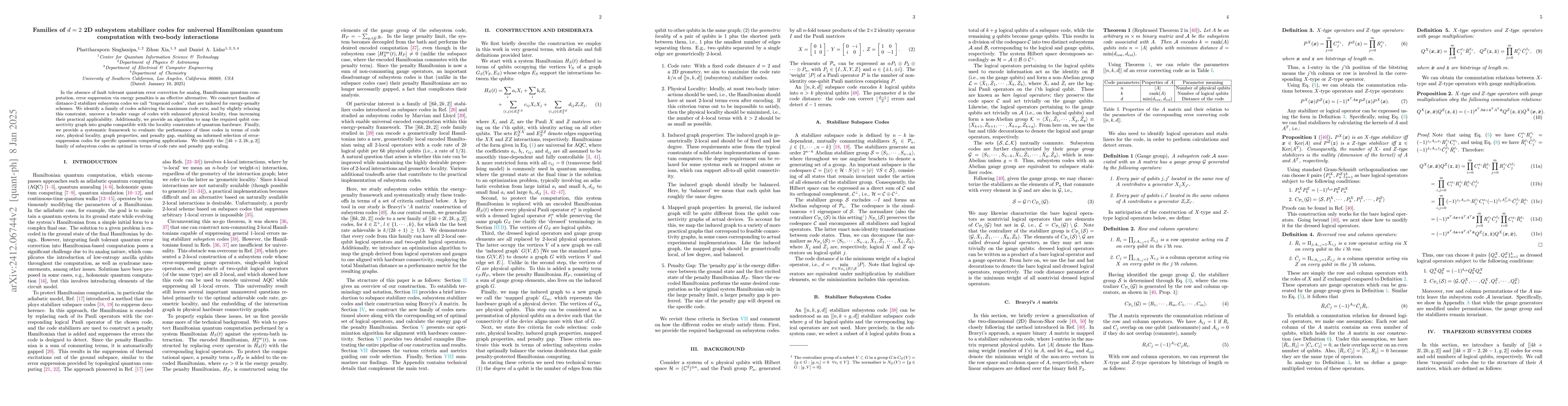 Thumbnail for Families of $d=2$ 2D subsystem stabilizer codes for universal
  Hamiltonian quantum computation with two-body interactions