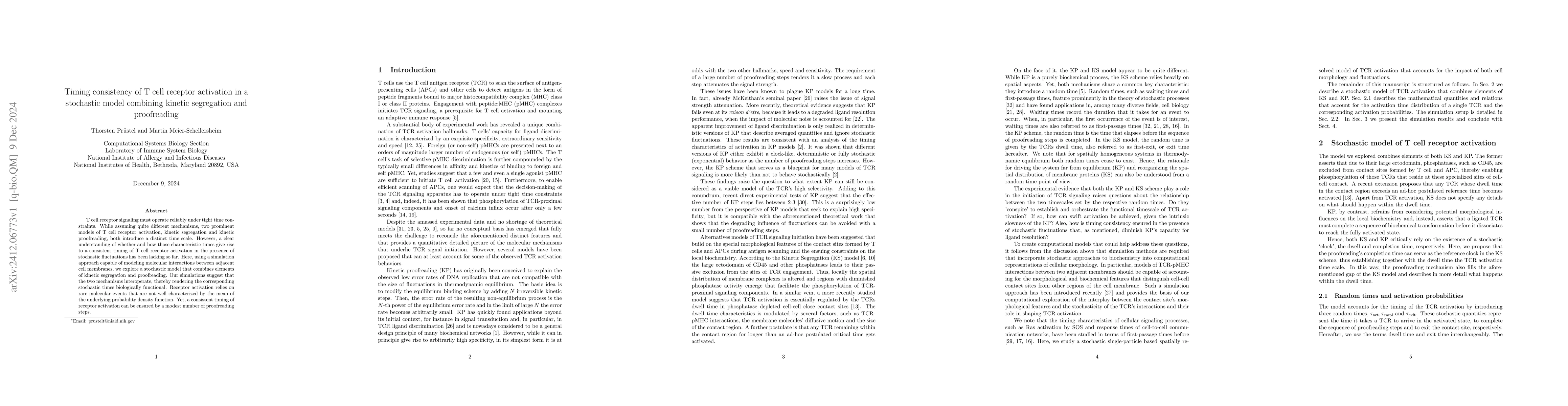 Thumbnail for Timing consistency of T cell receptor activation in a stochastic model
  combining kinetic segregation and proofreading
