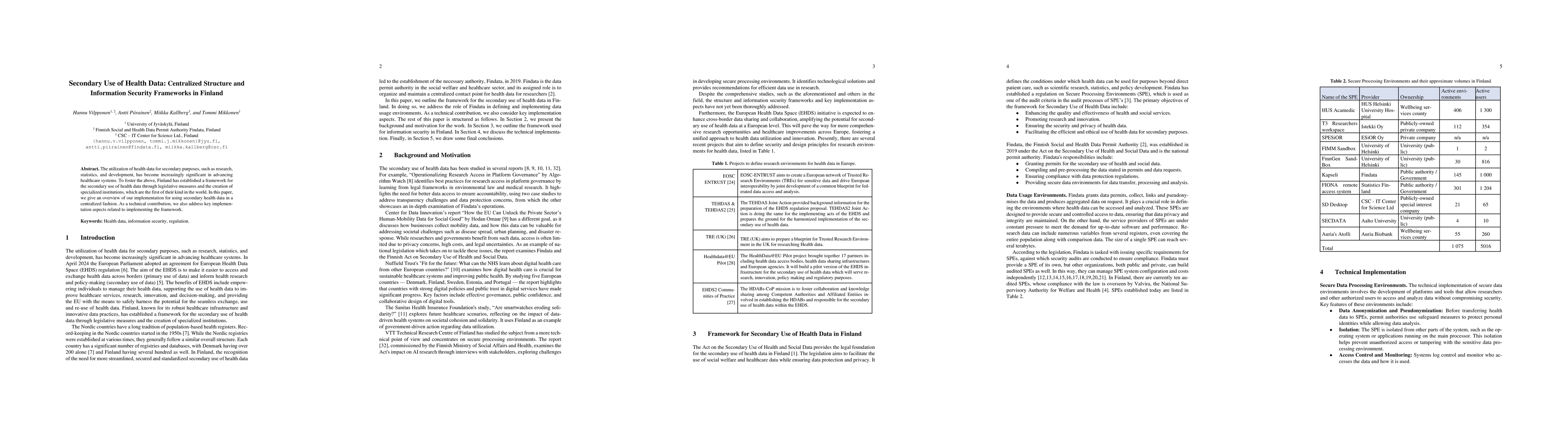 Thumbnail for Secondary Use of Health Data: Centralized Structure and Information
  Security Frameworks in Finland