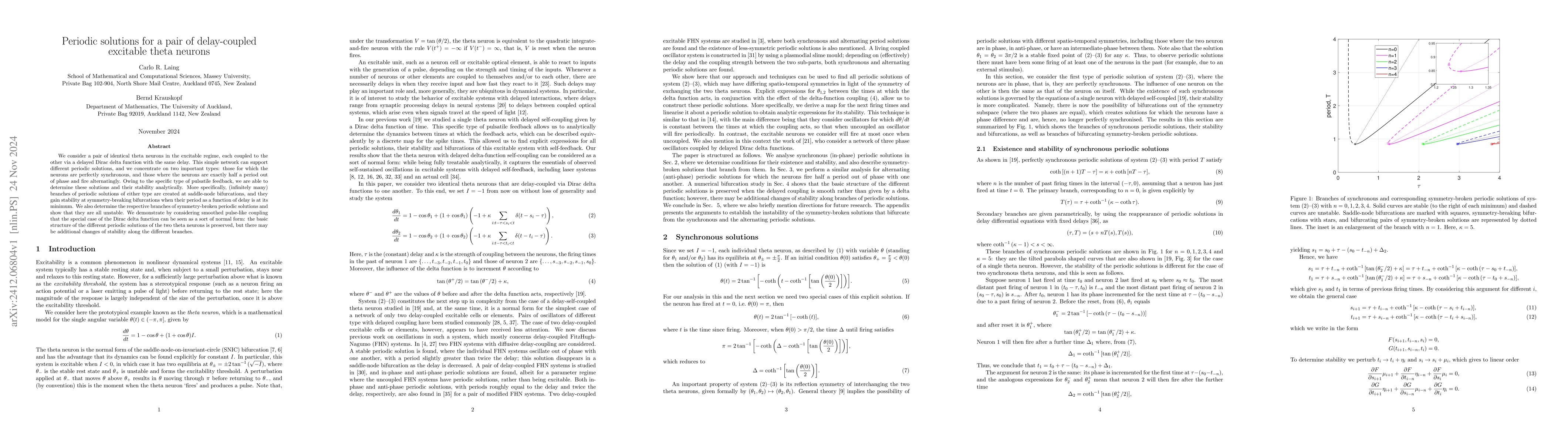 Thumbnail for Periodic solutions for a pair of delay-coupled excitable theta neurons