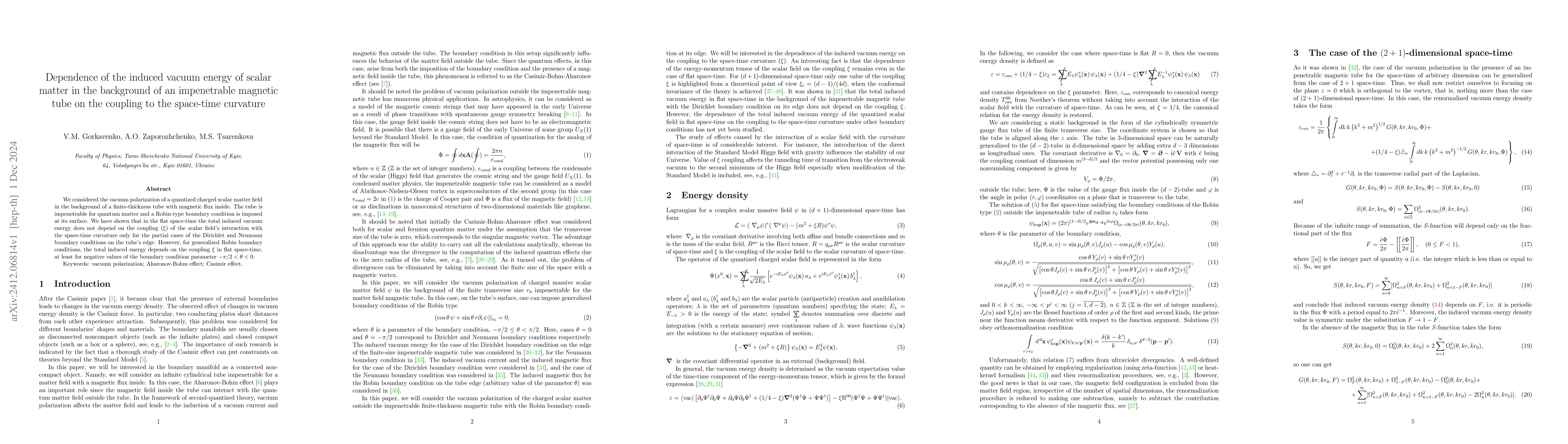 Thumbnail for Dependence of the induced vacuum energy of scalar matter in the
  background of an impenetrable magnetic tube on the coupling to the space-time
  curvature