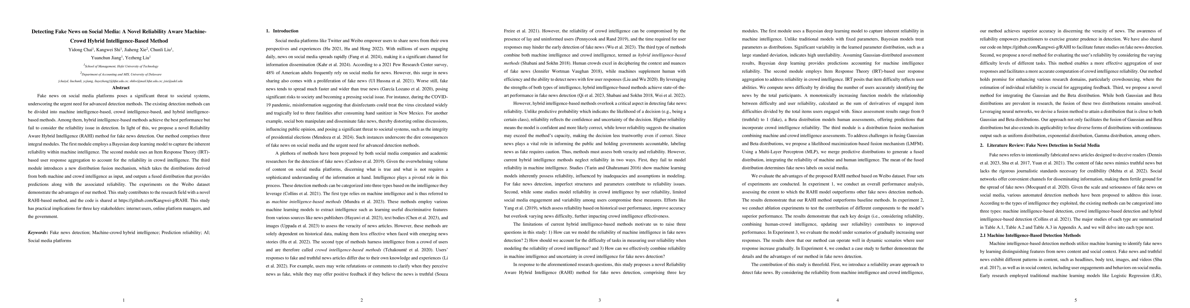Thumbnail for Detecting Fake News on Social Media: A Novel Reliability Aware
  Machine-Crowd Hybrid Intelligence-Based Method