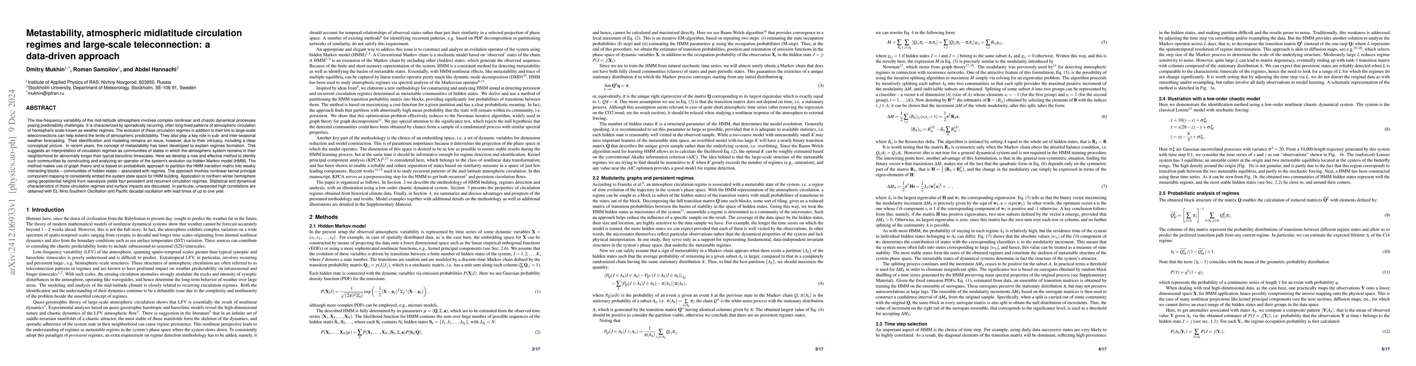 Thumbnail for Metastability, atmospheric midlatitude circulation regimes and
  large-scale teleconnection: a data-driven approach