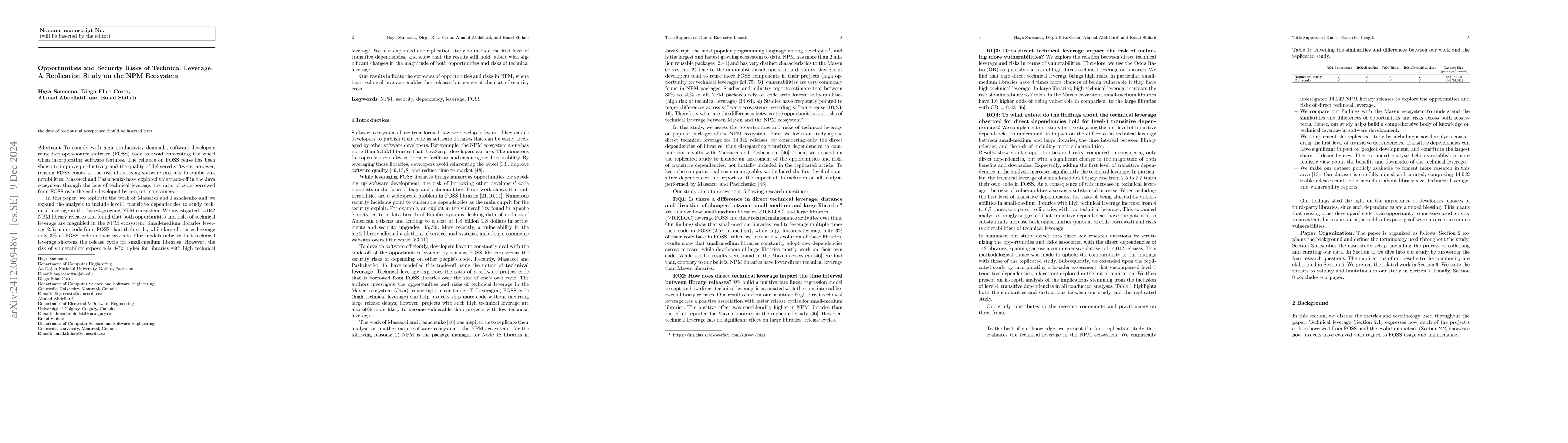 Thumbnail for Opportunities and Security Risks of Technical Leverage: A Replication
  Study on the NPM Ecosystem
