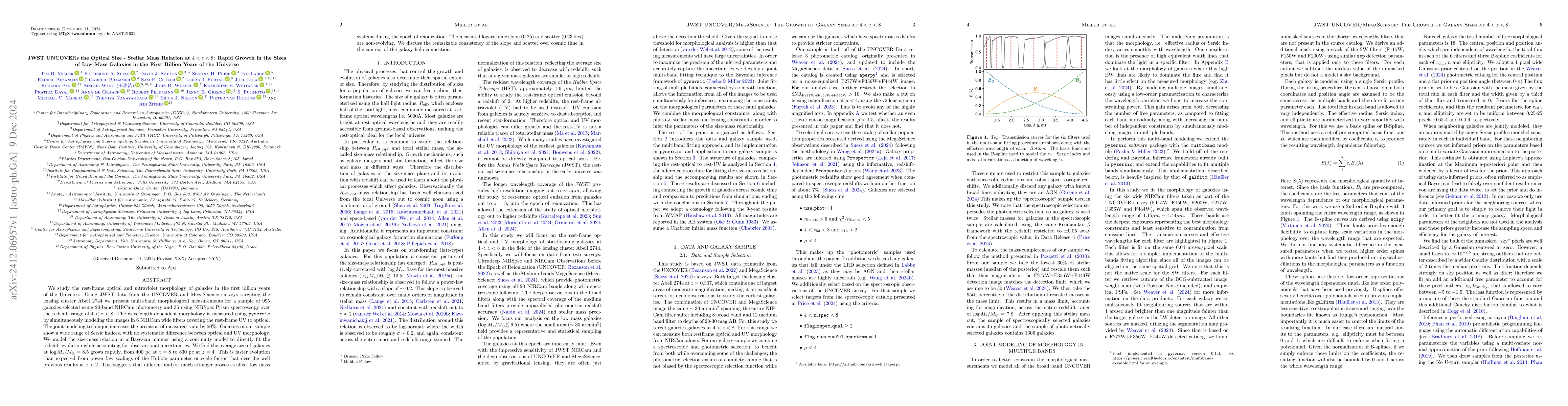 Thumbnail for JWST UNCOVERs the Optical Size - Stellar Mass Relation at $4<z<8$: Rapid
  Growth in the Sizes of Low Mass Galaxies in the First Billion Years of the
  Universe