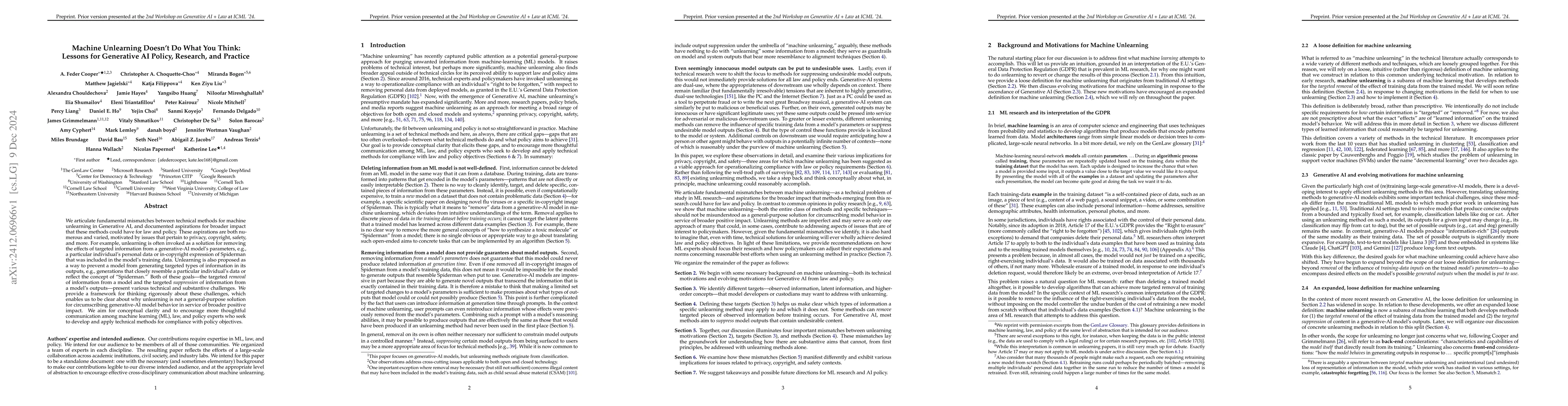 Thumbnail for Machine Unlearning Doesn't Do What You Think: Lessons for Generative AI
  Policy, Research, and Practice