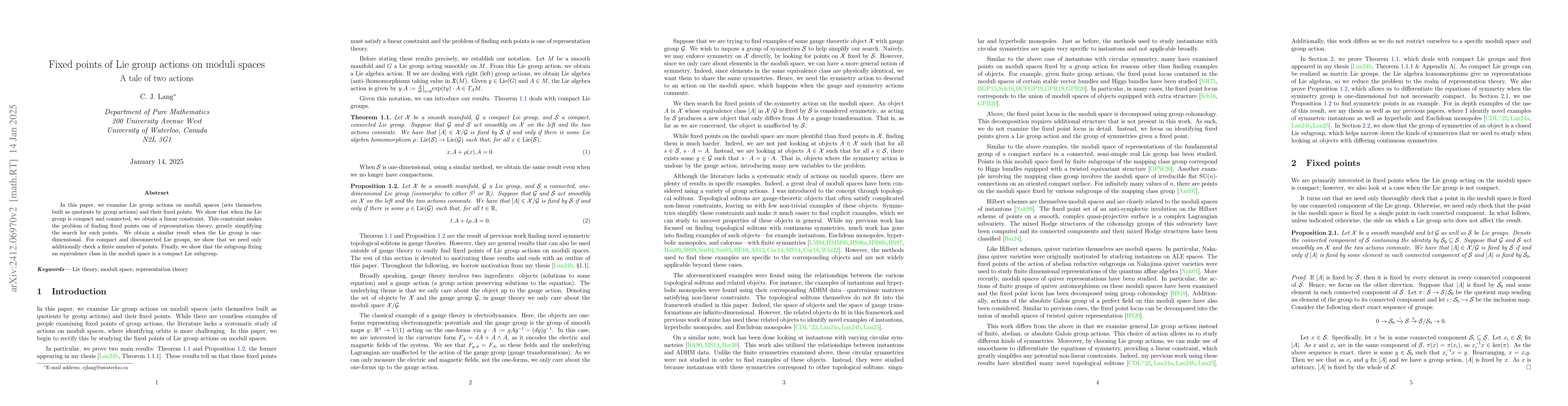 Thumbnail for Fixed points of Lie group actions on moduli spaces: A tale of two
  actions