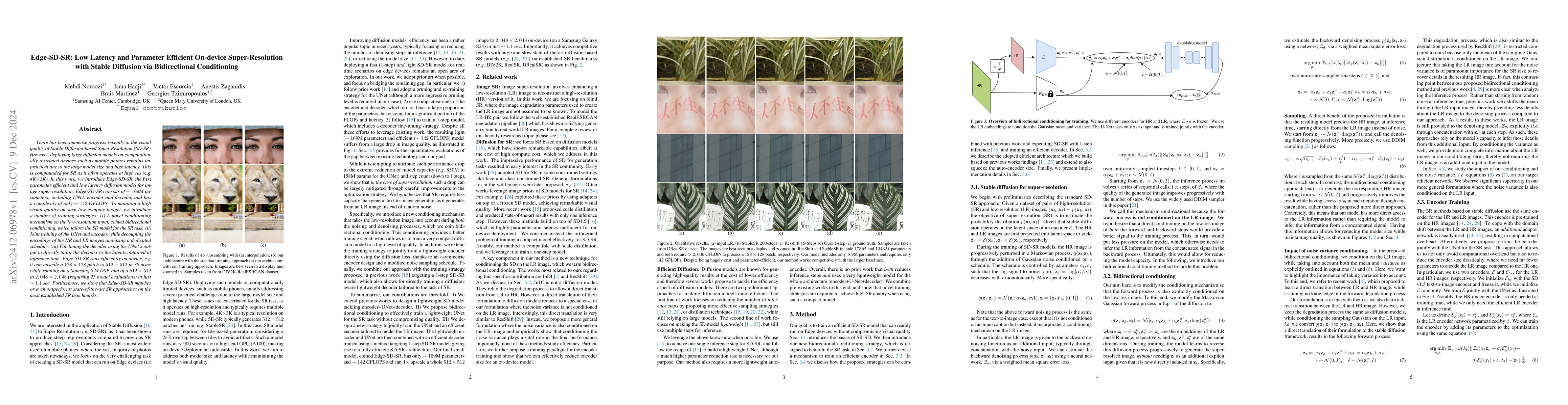 Thumbnail for Edge-SD-SR: Low Latency and Parameter Efficient On-device
  Super-Resolution with Stable Diffusion via Bidirectional Conditioning