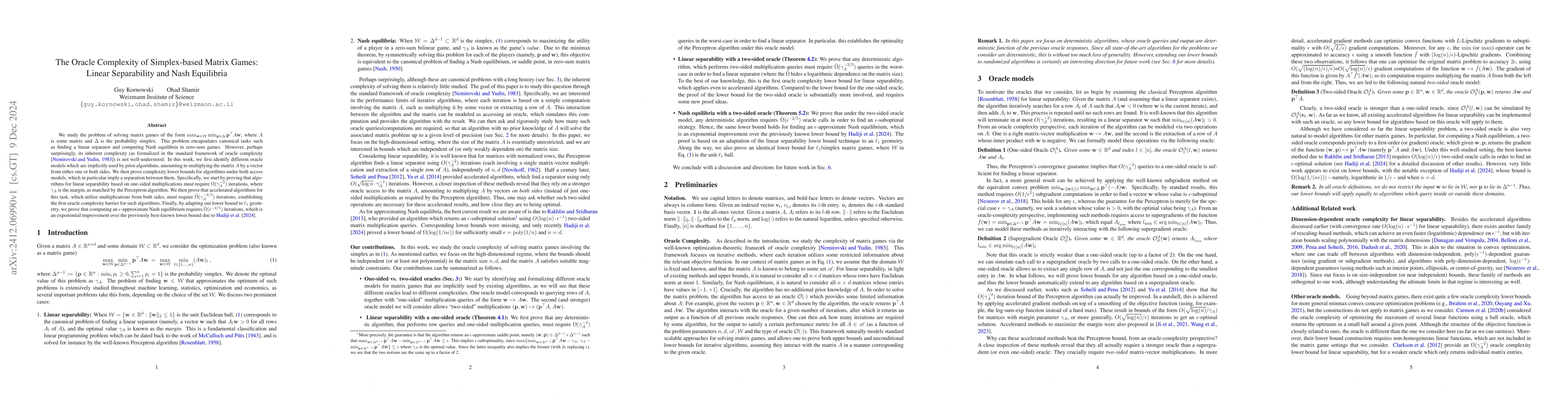 Thumbnail for The Oracle Complexity of Simplex-based Matrix Games: Linear Separability
  and Nash Equilibria
