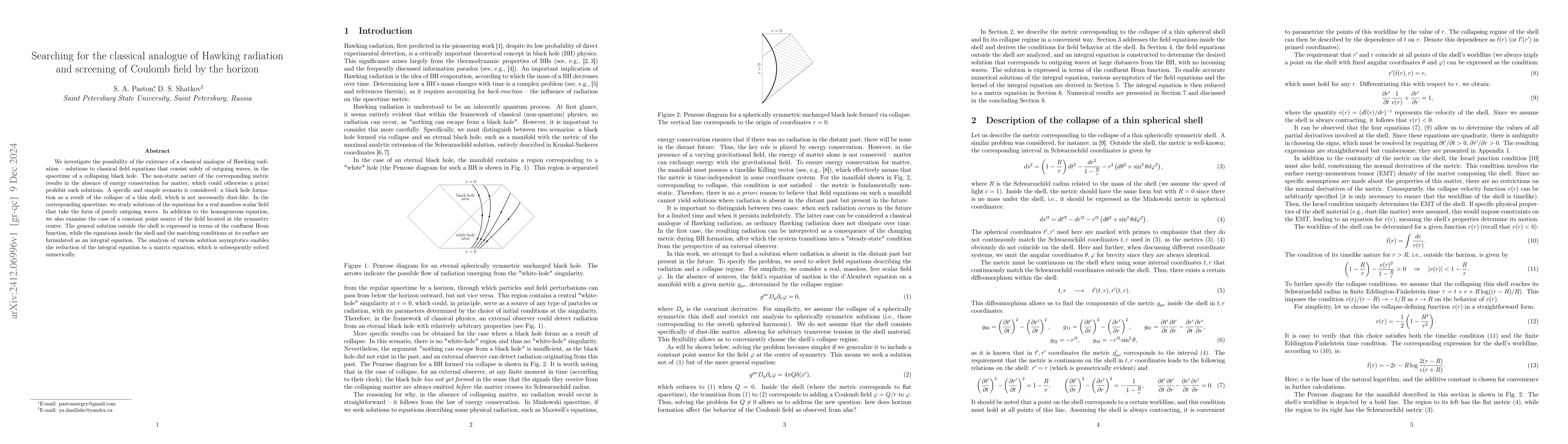 Thumbnail for Searching for the classical analogue of Hawking radiation and screening
  of Coulomb field by the horizon